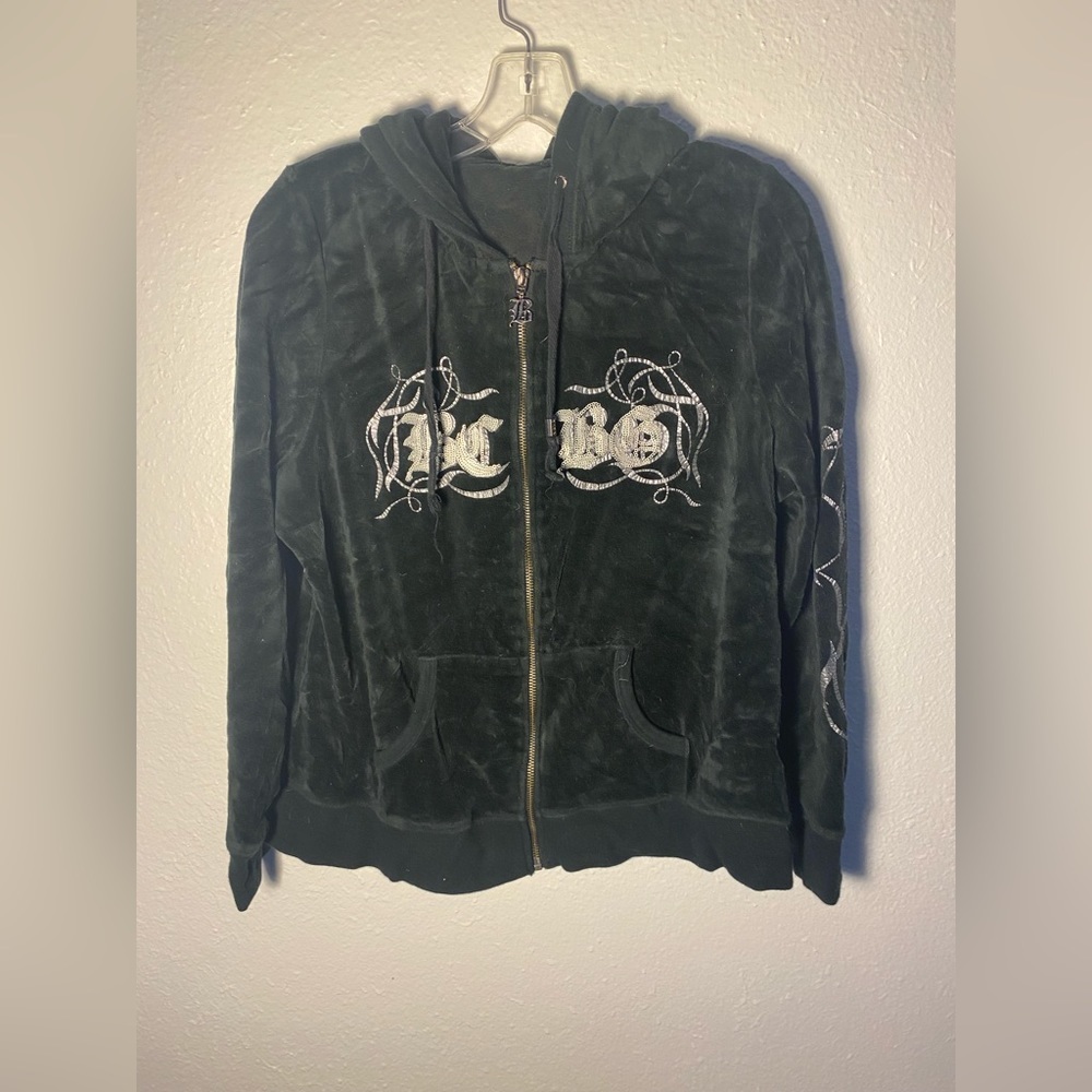BCBG velour front zip hoodie. Size Lg.